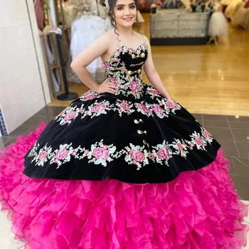 2022 Wzór Haftowane Bujne Sukienki Meksykańska Temat Svr Falbany Z Organzy Bez Ramiączek Suknia Ładna 16 Sukienka Na Studniówkę