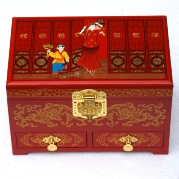 Piękna 3-Warstwowe Drewniane Ślubne Pudełko na Biżuterię z Lustrem Pocztową, Chińska Retro-Obraz panny Młodej, Pudełko Do Przechowywania, Torba do Przenoszenia