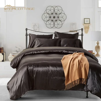 Monochromatyczne Podwójne łóżko ze sztucznej Jedwabnej satyny Z dużymi zestawami z trzech przedmiotów w prostym stylu, Euro, pościel, pościel Zestaw typu Queen-size