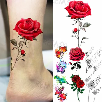 Kolor Rose Modne Nogi Tymczasowe Tatuaże Dla Kobiet, Dzieci Mniszek Zwierząt Realistyczne Fałszywe Tatuaże Artystyczne Dekoracje Tatuaż Papier