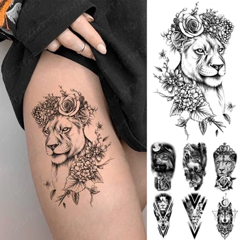 Wodoodporna Tymczasowy Tatuaż Naklejka Lew Korona Róża Wilk, Tygrys Zegar Linia Flash Tattoo Kobiety Mężczyźni Ręka Body Art Fałszywy Tatuaż Zwierzę
